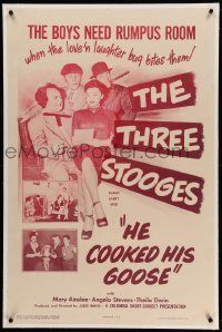 9f109 HE COOKED HIS GOOSE linen 1sh '52 Three Stooges Moe, Larry & Shemp need a rumpus room!