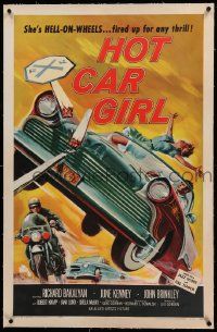 9f113 HOT CAR GIRL linen 1sh '58 she's Hell-on-wheels, fired up for any thrill, classic image!