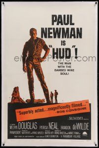 9f116 HUD linen 1sh '63 Mitchell Hooks art of Paul Newman as the man with the barbed wire soul!