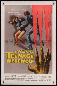 9f117 I WAS A TEENAGE WEREWOLF linen 1sh '57 AIP classic, Kallis art of monster attacking sexy babe!