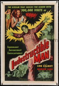 9f120 INDESTRUCTIBLE MAN linen 1sh '56 Lon Chaney Jr. as inhuman, invincible, inescapable monster!