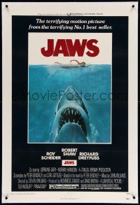 9f125 JAWS linen 1sh '75 Kastel art of Spielberg's classic man-eating shark attacking sexy swimmer!