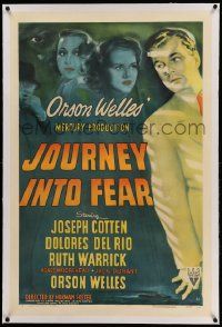 9f127 JOURNEY INTO FEAR linen 1sh '42 Orson Welles, art of Joseph Cotten, Dolores Del Rio & Warrick!