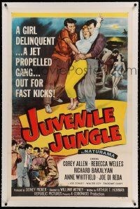 9f130 JUVENILE JUNGLE linen 1sh '58 a girl delinquent & a jet propelled gang out for fast kicks!