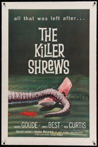 9f133 KILLER SHREWS linen 1sh '59 classic horror art of all that was left after the monster attack!