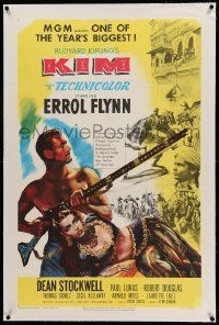 9f134 KIM linen 1sh '50 Errol Flynn & Dean Stockwell in mystic India, from Rudyard Kipling story!