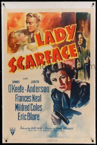 9f136 LADY SCARFACE linen 1sh '41 great close up art of master criminal Judith Anderson with gun!