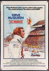 9f137 LE MANS linen 1sh '71 Tom Jung artwork of race car driver Steve McQueen waving at fans!