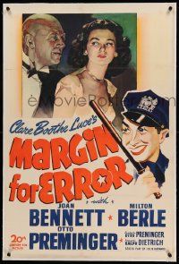 9f154 MARGIN FOR ERROR linen 1sh '43 great art of Otto Preminger, Joan Bennett & cop Milton Berle!