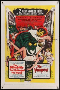 9f159 MONSTER THAT CHALLENGED THE WORLD/VAMPIRE linen 1sh '57 two horror hits, a double-shock show!