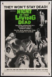 9f171 NIGHT OF THE LIVING DEAD linen 1sh '68 George Romero zombie classic, light green title design!