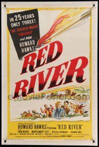 9f194 RED RIVER linen 1sh '48 art of John Wayne, Montgomery Clift & co-stars, Howard Hawks classic!