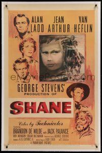 9f221 SHANE linen 1sh '53 classic western, Alan Ladd, Jean Arthur, Van Heflin, Brandon De Wilde