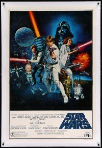 9f235 STAR WARS linen style C int'l 1sh '77 George Lucas sci-fi epic, art by Tom William Chantrell!