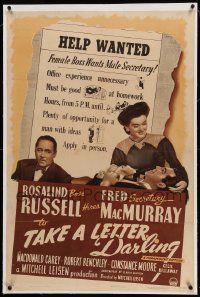 9f243 TAKE A LETTER DARLING linen 1sh '42 boss Rosalind Russell wants secretary Fred MacMurray!