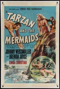 9f244 TARZAN & THE MERMAIDS linen 1sh '48 art of Johnny Weissmuller diving & battling octopus!
