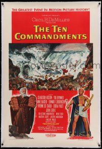 9f246 TEN COMMANDMENTS linen 1sh '56 Cecil B. DeMille classic, art of Charlton Heston & Yul Brynner!