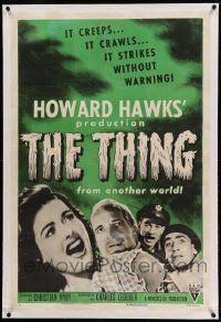 9f249 THING linen 1sh R54 Howard Hawks classic horror, strikes without warning from another world!