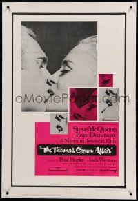 9f252 THOMAS CROWN AFFAIR linen 1sh '68 best kiss close up of Steve McQueen & sexy Faye Dunaway!