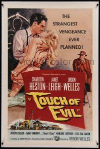 9f256 TOUCH OF EVIL linen 1sh '58 Tollen art of director/star Orson Welles, Charlton Heston & Leigh!