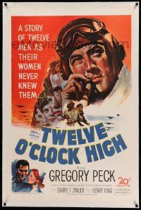 9f258 TWELVE O'CLOCK HIGH linen 1sh '50 cool artwork of smoking World War II pilot Gregory Peck!