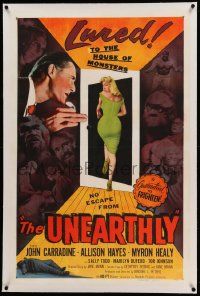 9f261 UNEARTHLY linen 1sh '57 John Carradine & sexy Sally Todd lured to the house of monsters!