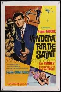 9f262 VENDETTA FOR THE SAINT linen 1sh '69 English Roger Moore with double-barrelled shotgun!