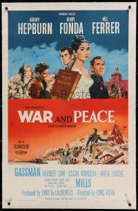 9f266 WAR & PEACE linen 1sh '56 art of Audrey Hepburn, Henry Fonda & Mel Ferrer, Leo Tolstoy epic!
