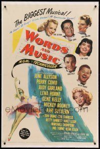 9f279 WORDS & MUSIC linen 1sh '49 Judy Garland, Lena Horne & musical all-stars, Rodgers & Hart bio!