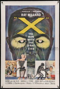 9f280 X: THE MAN WITH THE X-RAY EYES linen 1sh '63 Ray Milland strips souls & bodies, cool art!