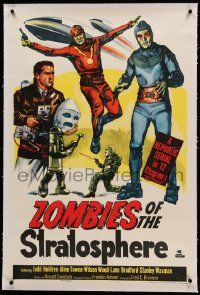 9f282 ZOMBIES OF THE STRATOSPHERE linen 1sh '52 Republic serial, great art of aliens with guns!