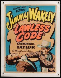 9g044 LAWLESS CODE linen 30x40 '49 great artwork of cowboy Jimmy Wakely punching bad guy!