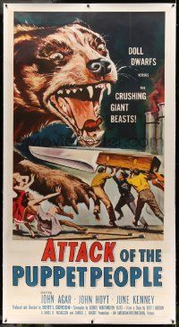 9g015 ATTACK OF THE PUPPET PEOPLE linen 3sh '58 art of tiny people with knife attacking giant dog!