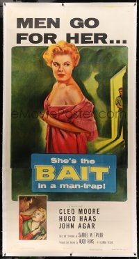 9g017 BAIT linen 3sh '54 men go for sexy bad girl Cleo Moore, she's the Bait in a man-trap, rare!