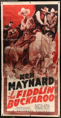 9g025 FIDDLIN' BUCKAROO linen 3sh R38 great full-length art of Ken Maynard with fiddle on horse!