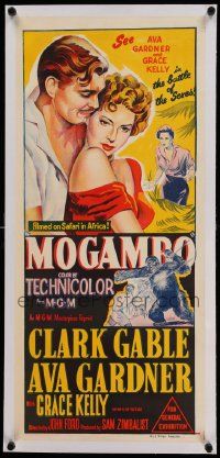 9g075 MOGAMBO linen Aust daybill R60s art of Clark Gable, Grace Kelly & Ava Gardner in Africa!