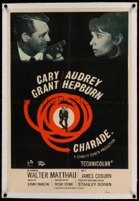 9g110 CHARADE linen English double crown '63 Cary Grant w/ gun & Audrey Hepburn, ultra-rare!