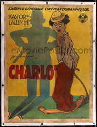 9g142 CHARLOT linen French 1p 1910s cool Harfort art of Charlie Chaplin as the Tramp & cop's shadow!