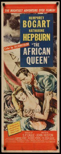 9g245 AFRICAN QUEEN insert '52 c/u art of Humphrey Bogart rescuing Katharine Hepburn, John Huston!