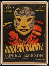 9g054 HURACAN RAMIREZ linen Mexican poster '53 wonderful Juanino art of fierce masked wrestler!