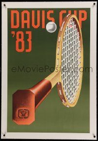 9g195 DAVIS CUP linen 25x37 French commercial '83 Konrad Klapheck art of tennis racket & ball!
