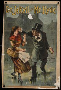 9g154 DR. JEKYLL & MR. HYDE linen 20x29 stage poster c1887 stone litho of evil Hyde hitting girl!