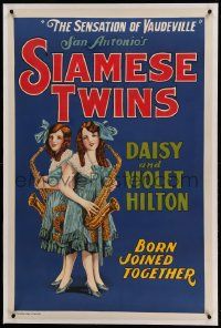 9g155 SIAMESE TWINS linen 28x42 stage poster '30s San Antonio's Daisy & Violet Hilton play the sax!