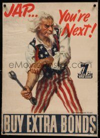 9g168 BUY EXTRA BONDS linen 20x28 WWII war poster '45 great James Montgomery Flagg Uncle Sam art!