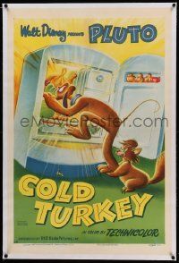 9h005 COLD TURKEY linen 1sh '51 great cartoon art of cat helping Pluto get in the refrigerator!
