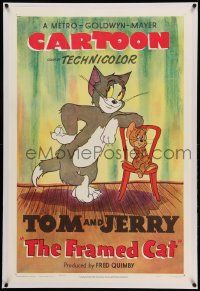 9h008 FRAMED CAT linen 1sh '50 great cartoon art of Tom leaning on chair Jerry is sitting on!