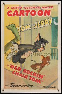 9h017 OLD ROCKIN' CHAIR TOM linen 1sh '47 Hanna-Barbera, cartoon art of Tom & Jerry kicked out!