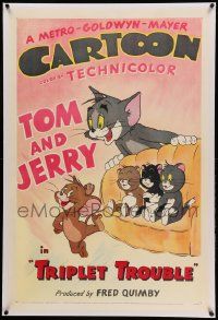 9h023 TRIPLET TROUBLE linen 1sh '52 great art of Tom & three kittens on couch watching Jerry!