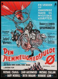 9j223 MYSTERIOUS ISLAND Danish '61 Ray Harryhausen, Jules Verne sci-fi, cool hot-air balloon art!