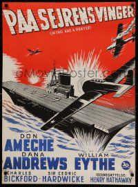 9j244 WING & A PRAYER Danish '51 Don Ameche, Dana Andrews, really cool WWII naval battle art!